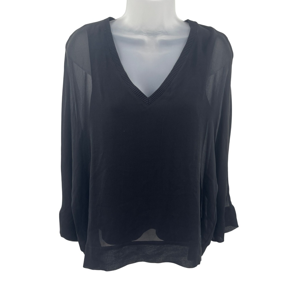 Go by Go Silk Black V-Neck Flowing Semi Sheer Long Sleeve Top Blouse Women Small